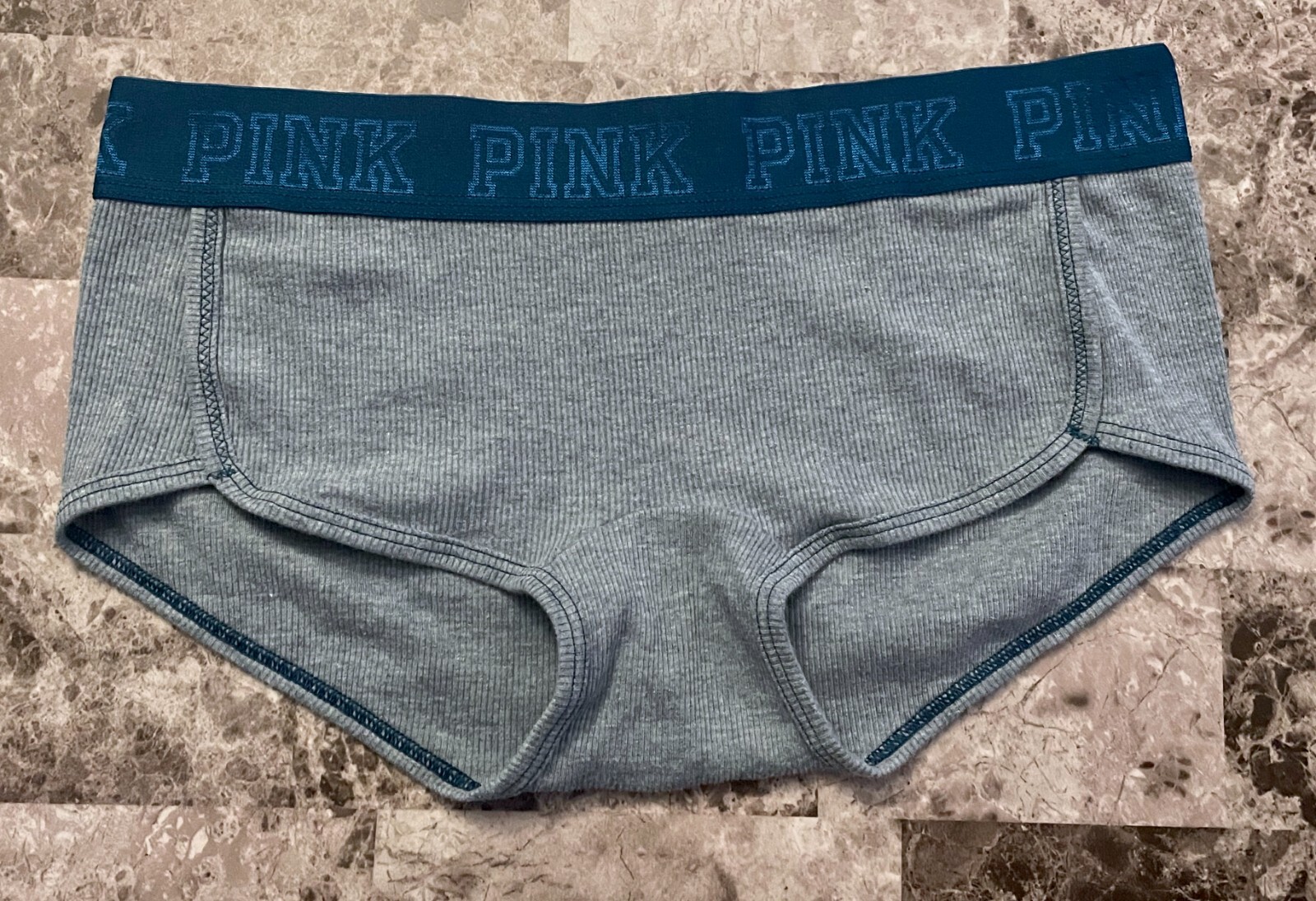 VICTORIA’S SECRET PINK S BLUE RIBBED KNIT THICK WAISTBAND RARE BOYSHORT PANTIES