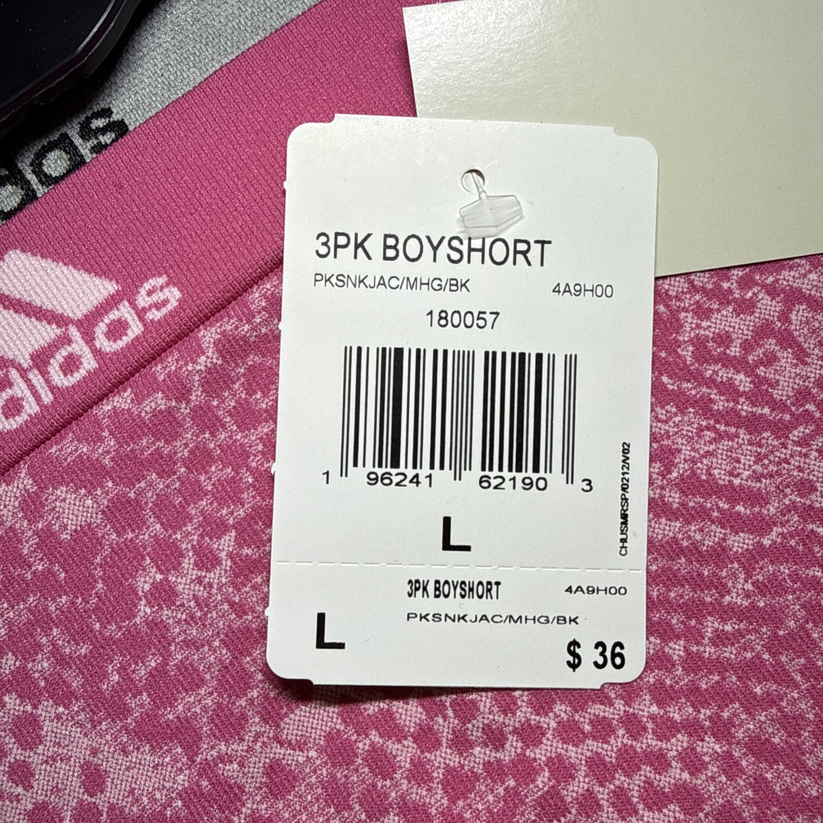 3 Pack Adidas Boyshort Panties Stretch Logo Waist Pink Size L NWT
