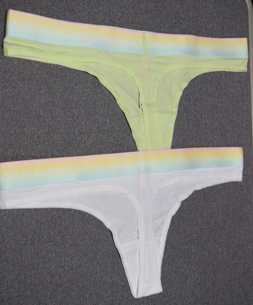 2 New Victoria’s Secret White Green Logo Thong Panty Lot M Multicolor Waistband