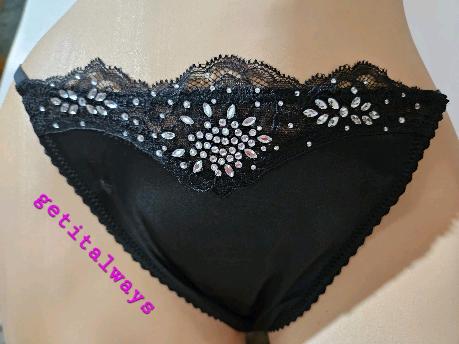 XS-M Victoria’s Secret SATIN Rhinestones Lace Trim Mesh Back Thong Panty
