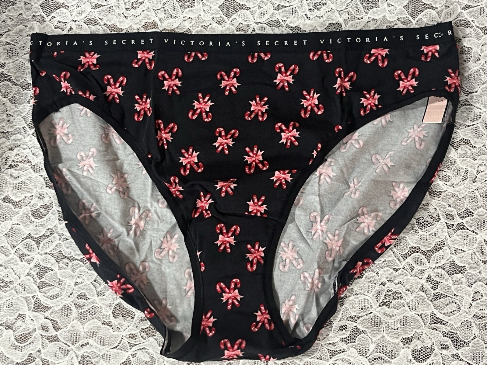 Victoria’s Secret Brief Black Candy Cane Panties Logo Waist Size Large