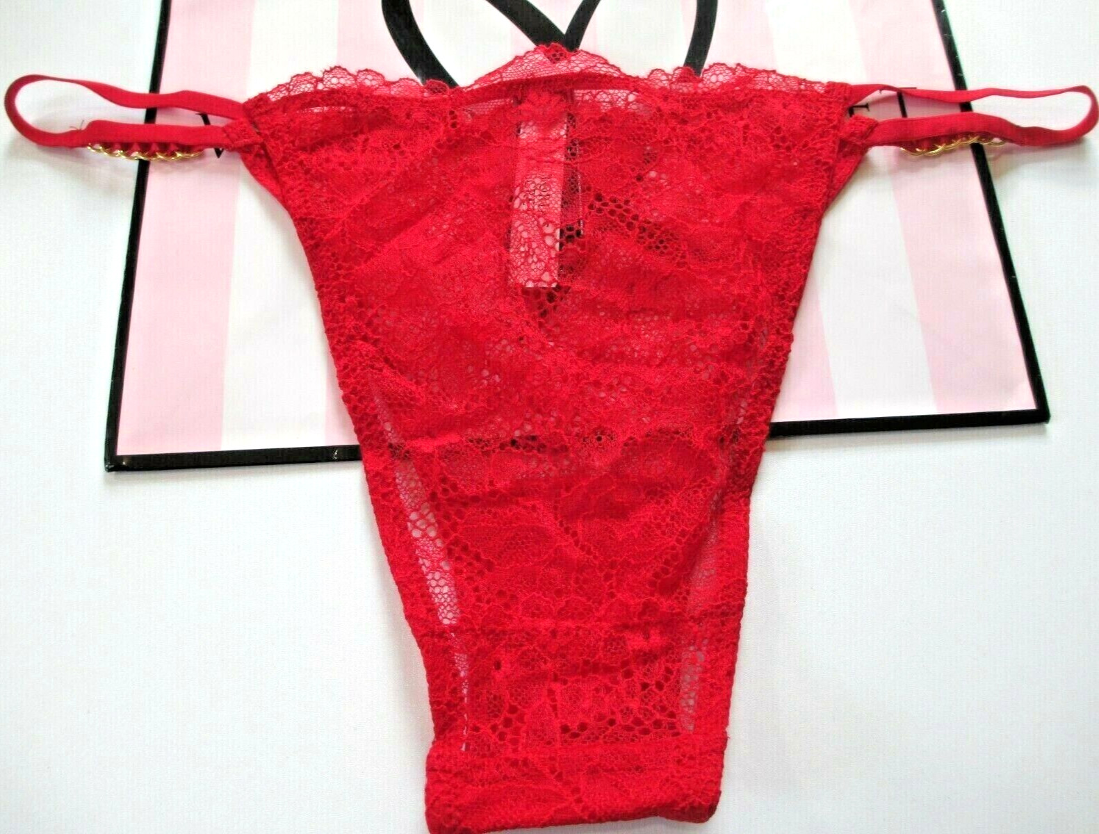 VICTORIA’S SECRET VERY SEXY Brazilian Panty VS Red Lace Hardware Strap L XL NWT