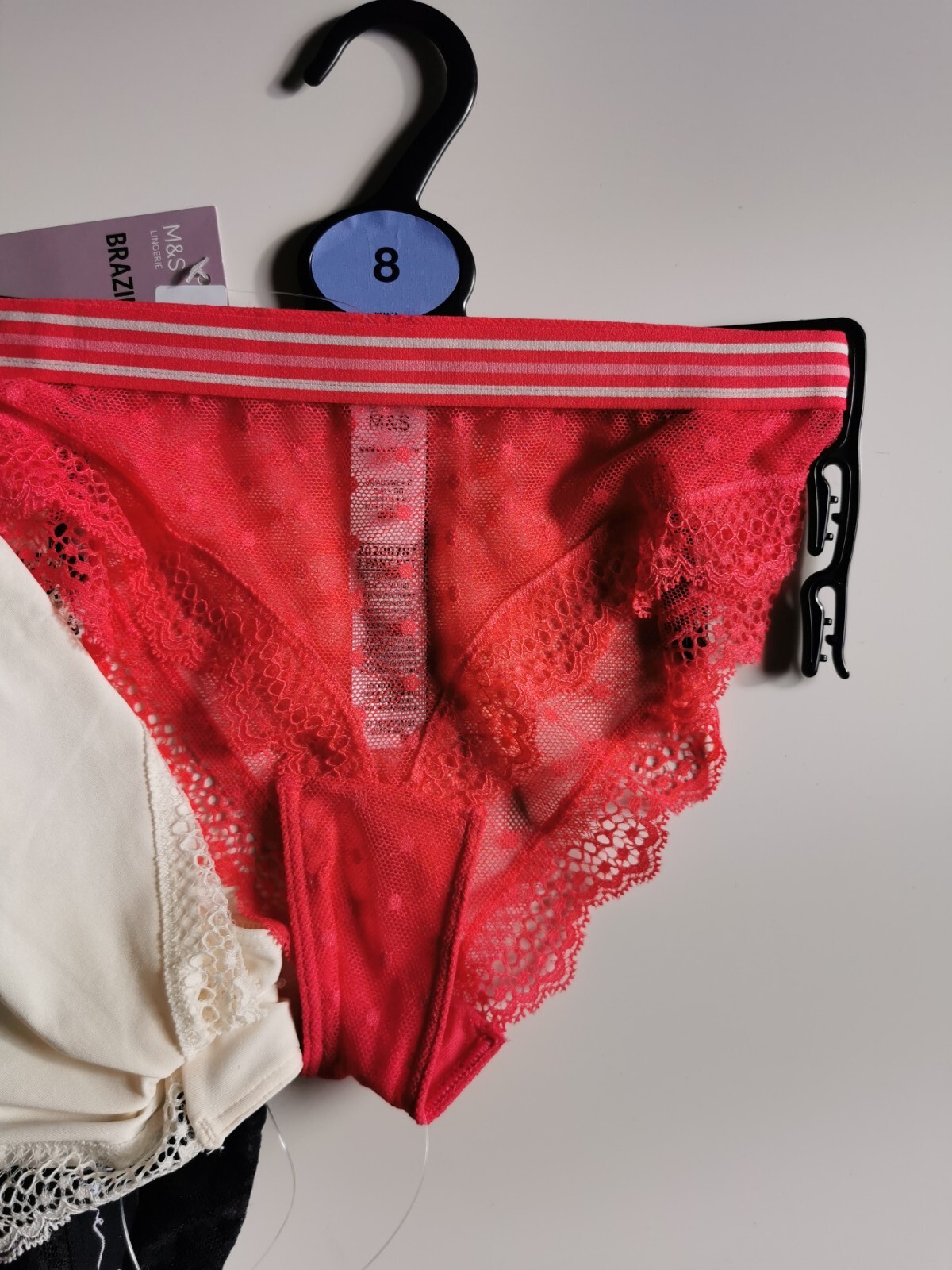 M&S 3pk Lace & Mesh Brazilian Knickers, Size 8, Black, Ivory, Red
