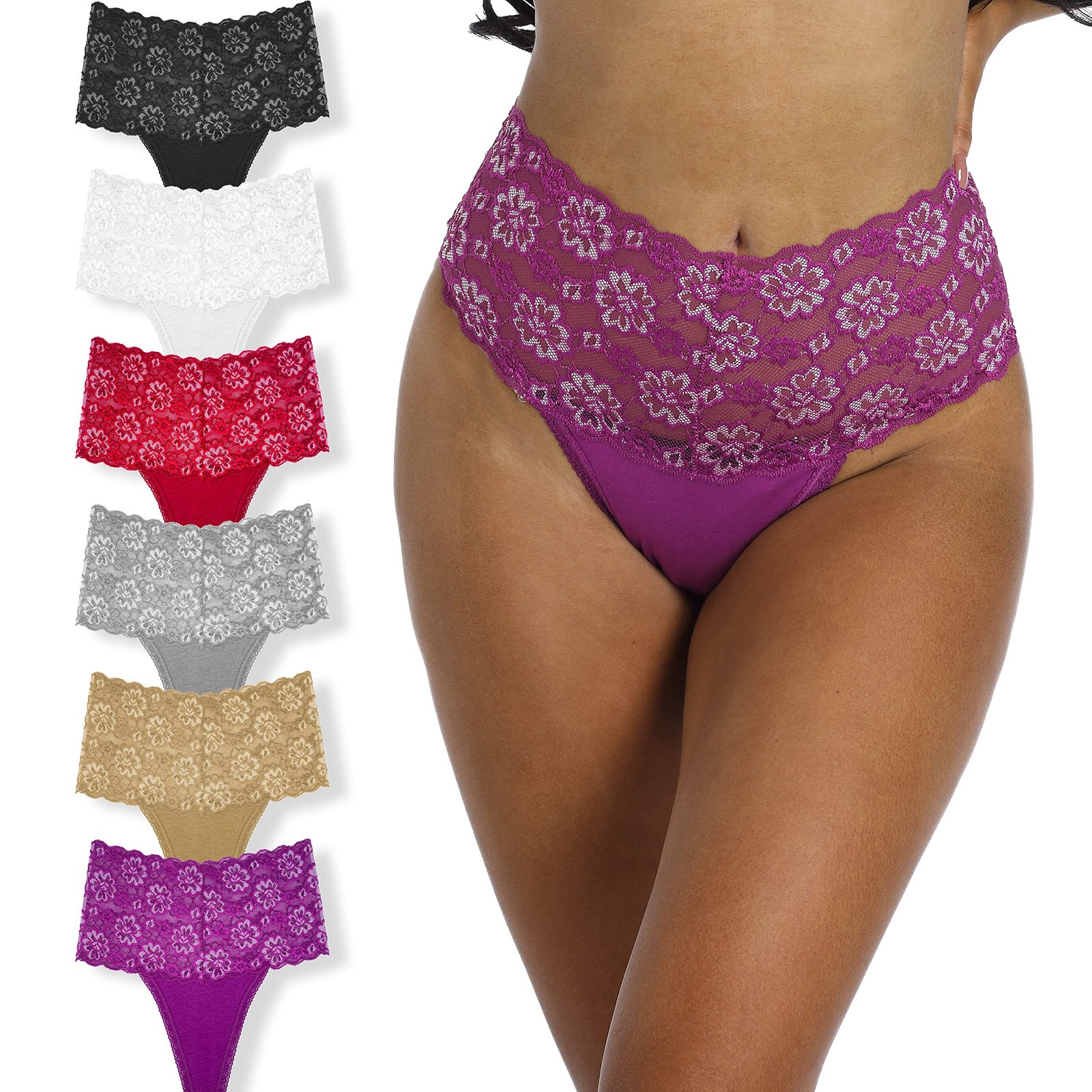 5 Pack Plus Size Leaf Thick Waistband Lace Cotton Thongs Small to 4X-Large