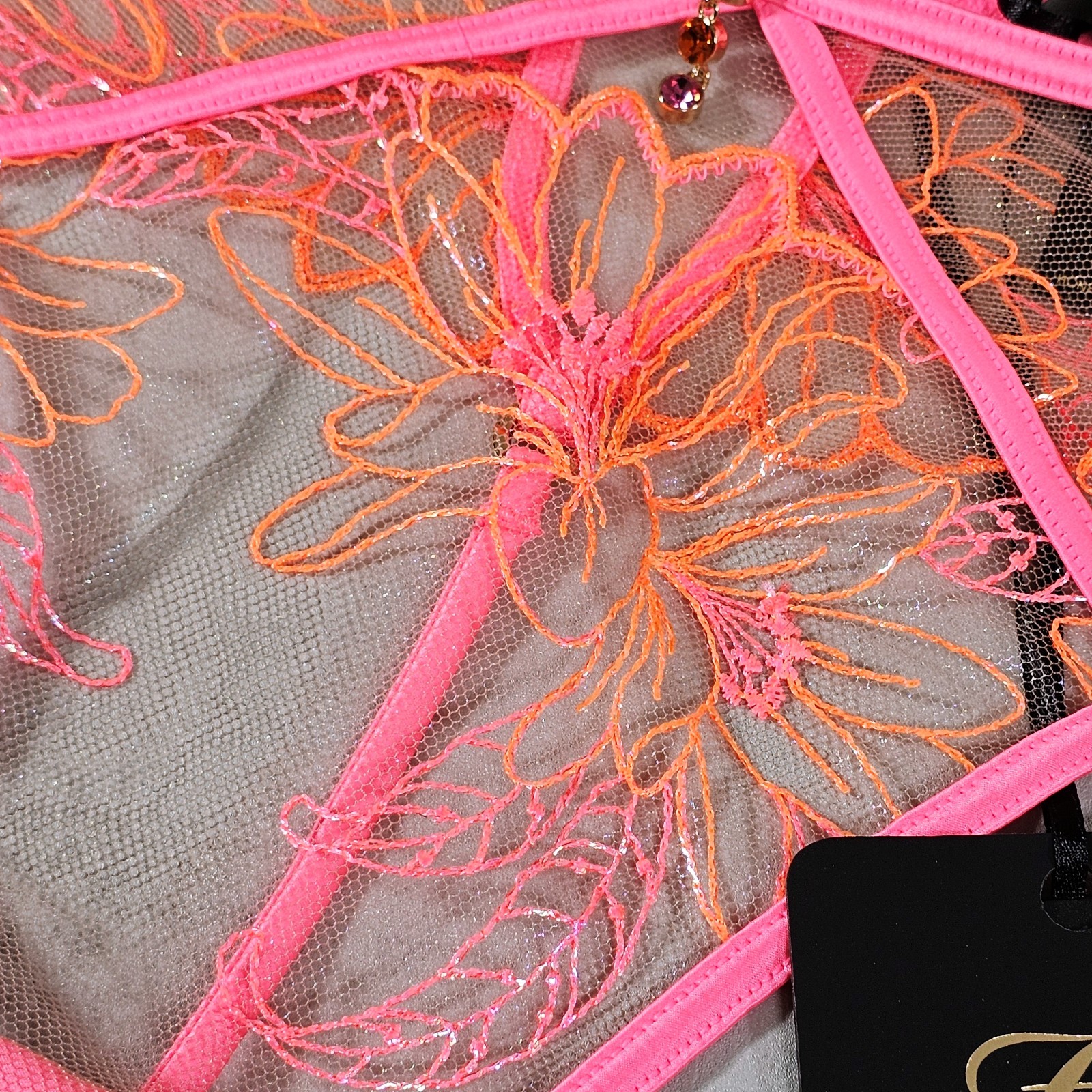 Honey Birdette Lily Neon Pink & Orange Embroidered Floral Thong Panty Size L