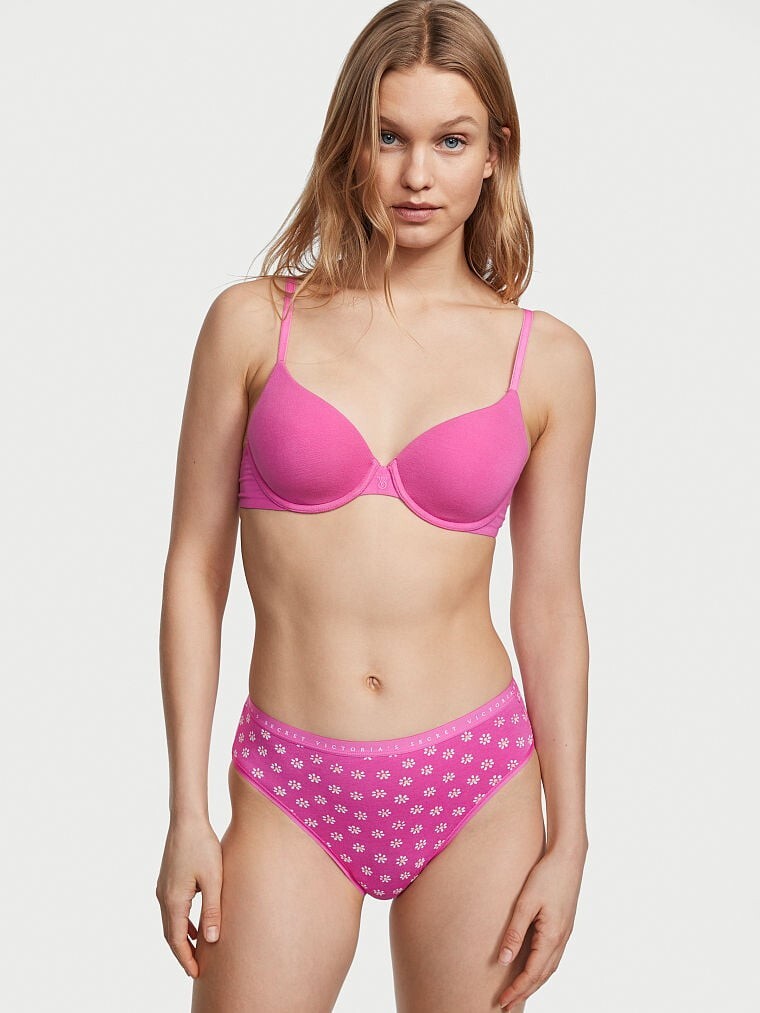 L Hot Pink Daisy Stretch Cotton Victorias Secret High-Leg Waist Brief Pantie