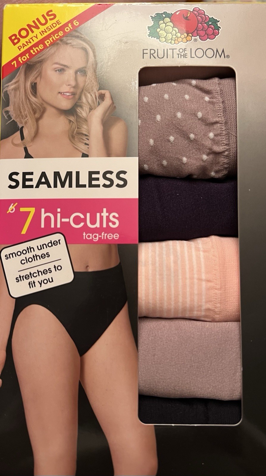 7 pack – Size 5 – Fruit of the Loom Women’s Seamless Tagless Hi-Cut Panties