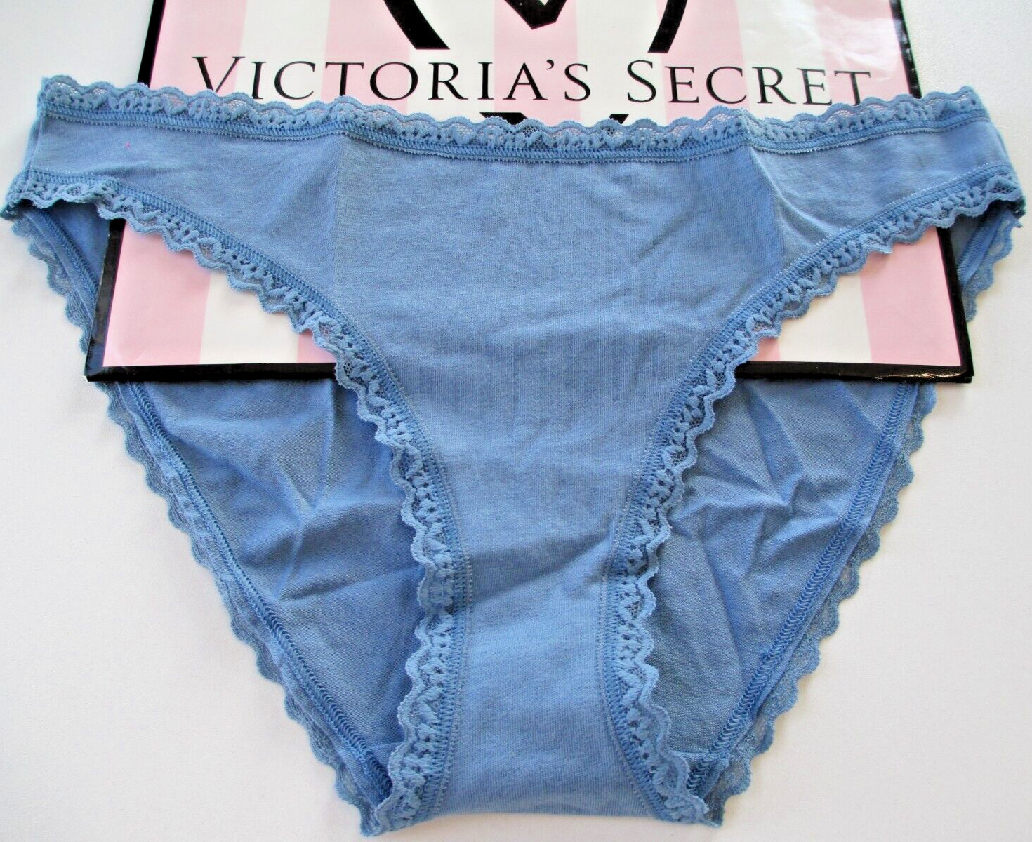 VICTORIA’S SECRET Cotton Bikini Panty S SMALL Faded Denim Blue NWT Lace Trim VS