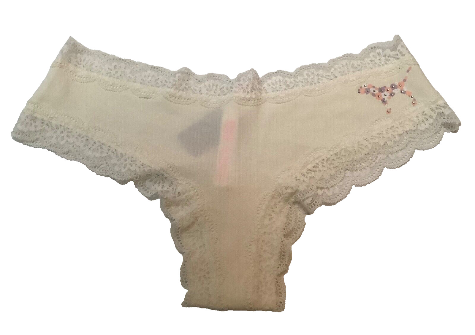 Victoria’s Secret PINK Lace Trim Cheekster Panty Ivory Rhinestone Dog Large NWT