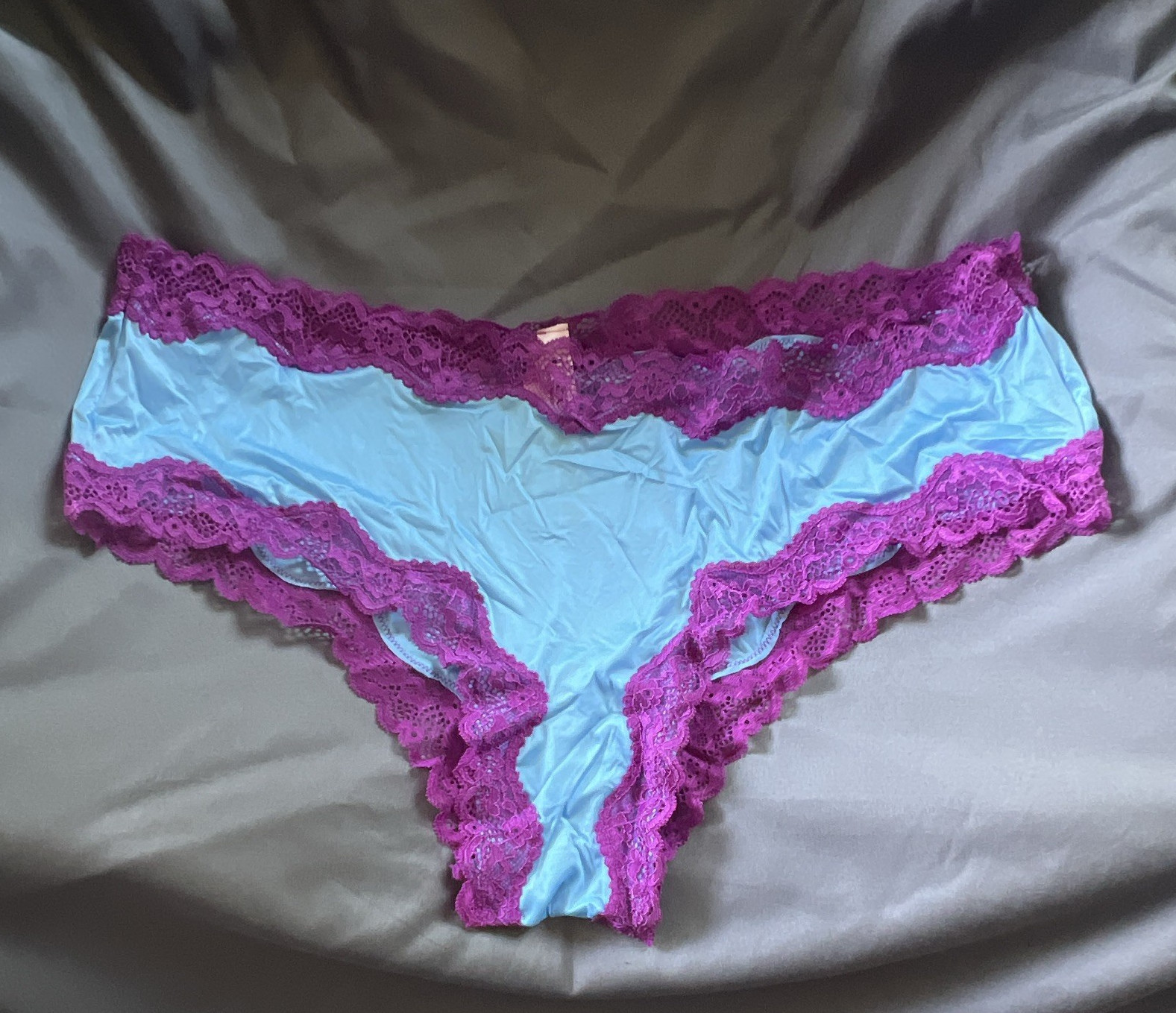 Victoria’s Secret Silky Satin Cheeky Panties XL Blue Purple Lace Trim with Bow