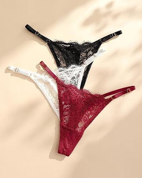 Lace G-String Thongs for Women Adjustable Sexy Medium 3p03 (Black White Red)