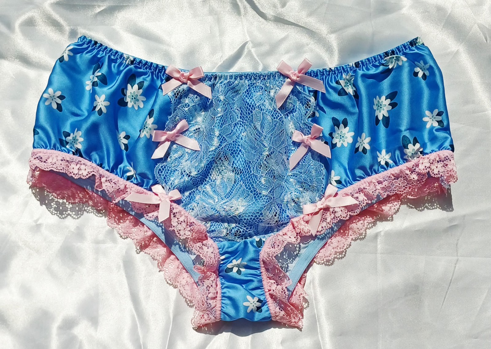 Cute Blue Floral Retro Style Silky Satin Hipster Sissy Panties Knickers XL UK 16
