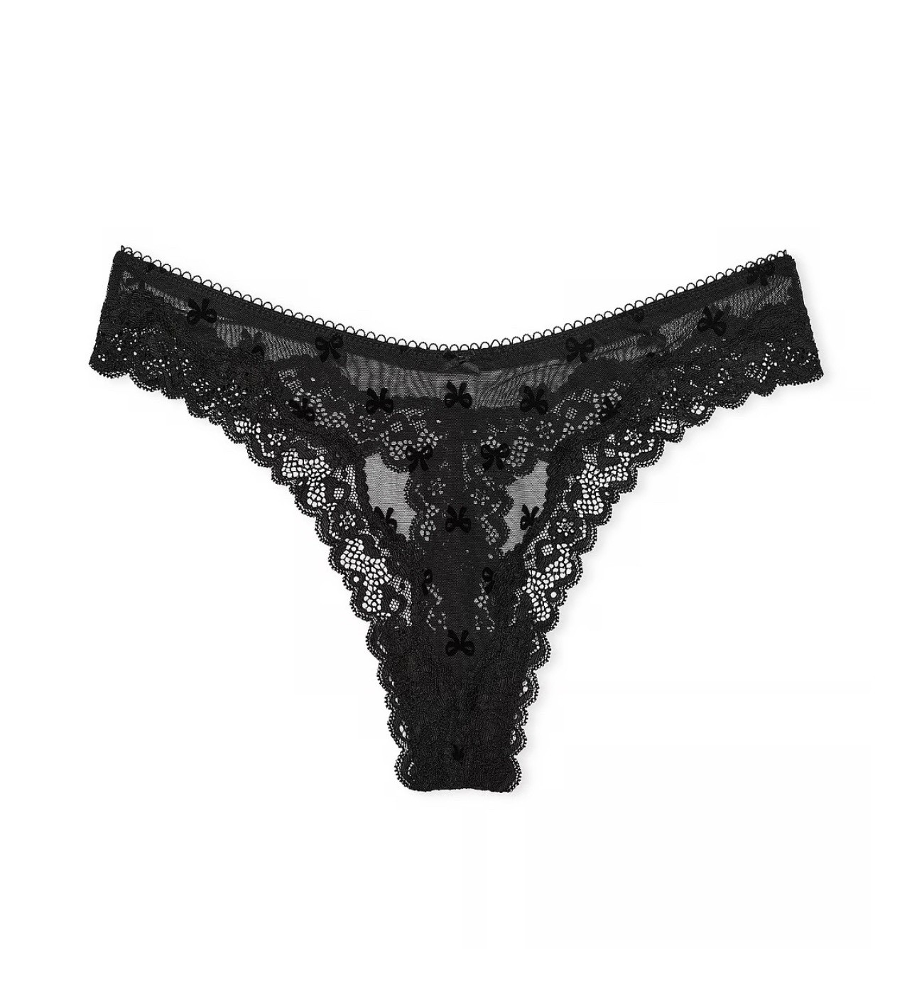 Victoria’s Secret Tease Mesh Velvet Bow Lace Thong Panty Women’s Sz L / Black