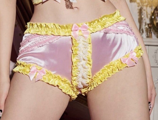 NEW XL Vtg Style Pink & Yellow Ruffled Satin Brief Panties