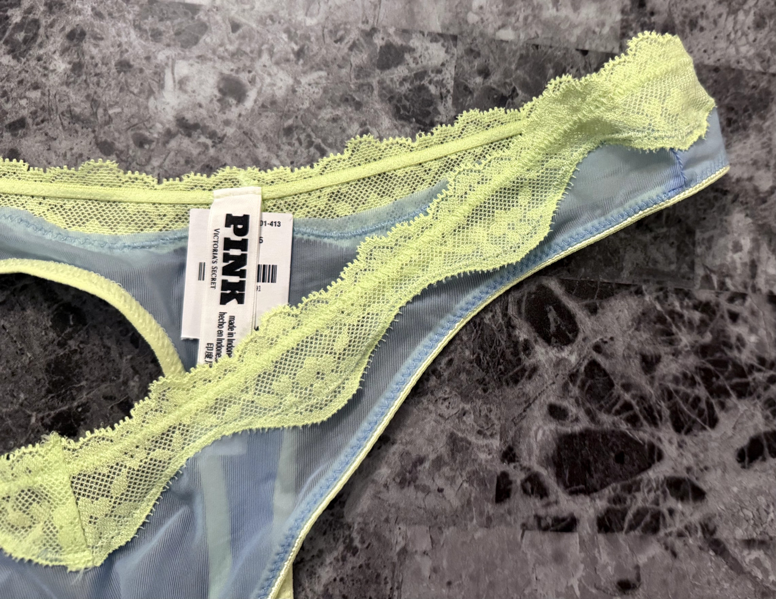 NWT VICTORIA’S SECRET PINK SHEER SMOOTH BLUE CITRON LACE THONG PANTIES
