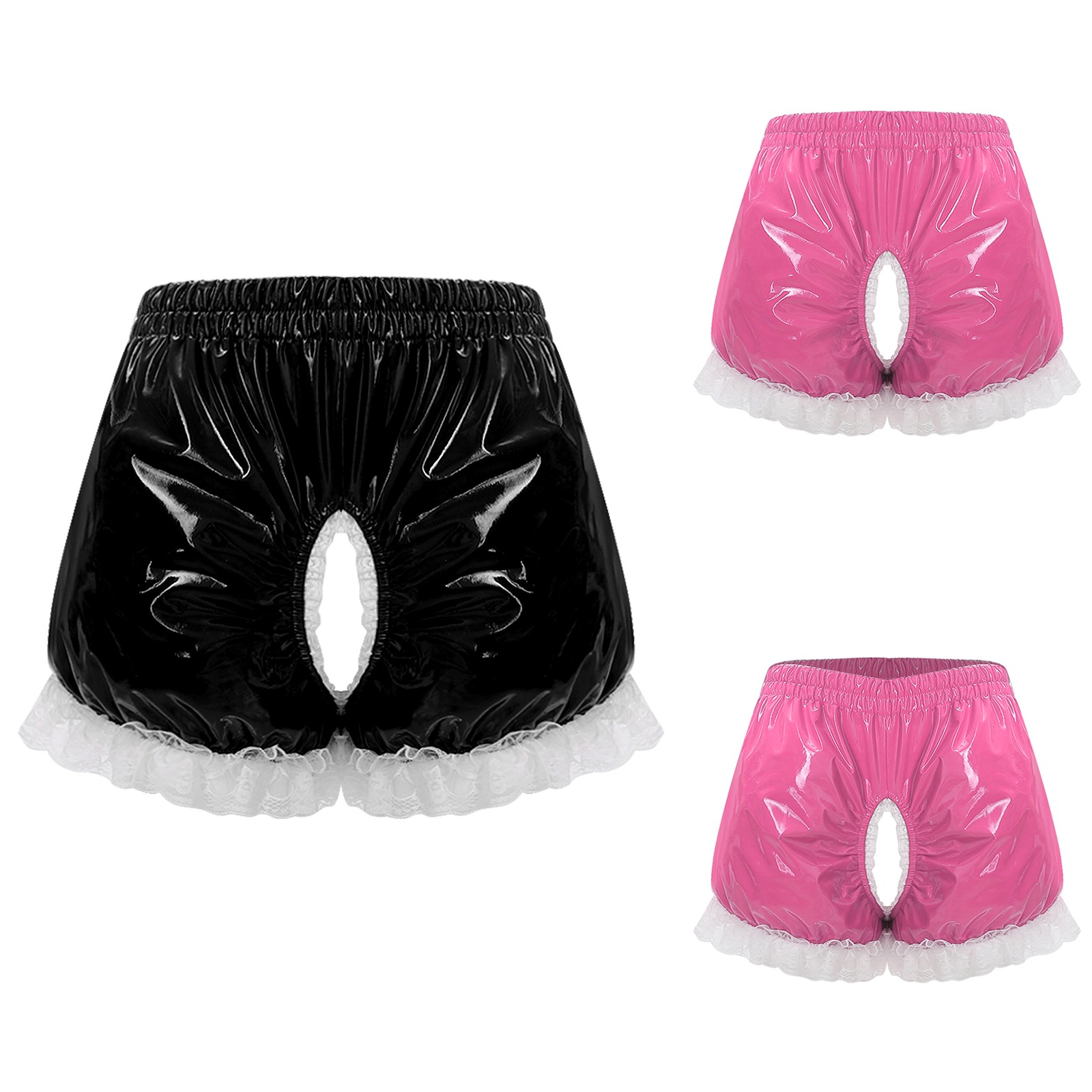Womens Pu Leather Ruched Crotchless Shorts Floral Lace Trim Pumpkin Pantloons