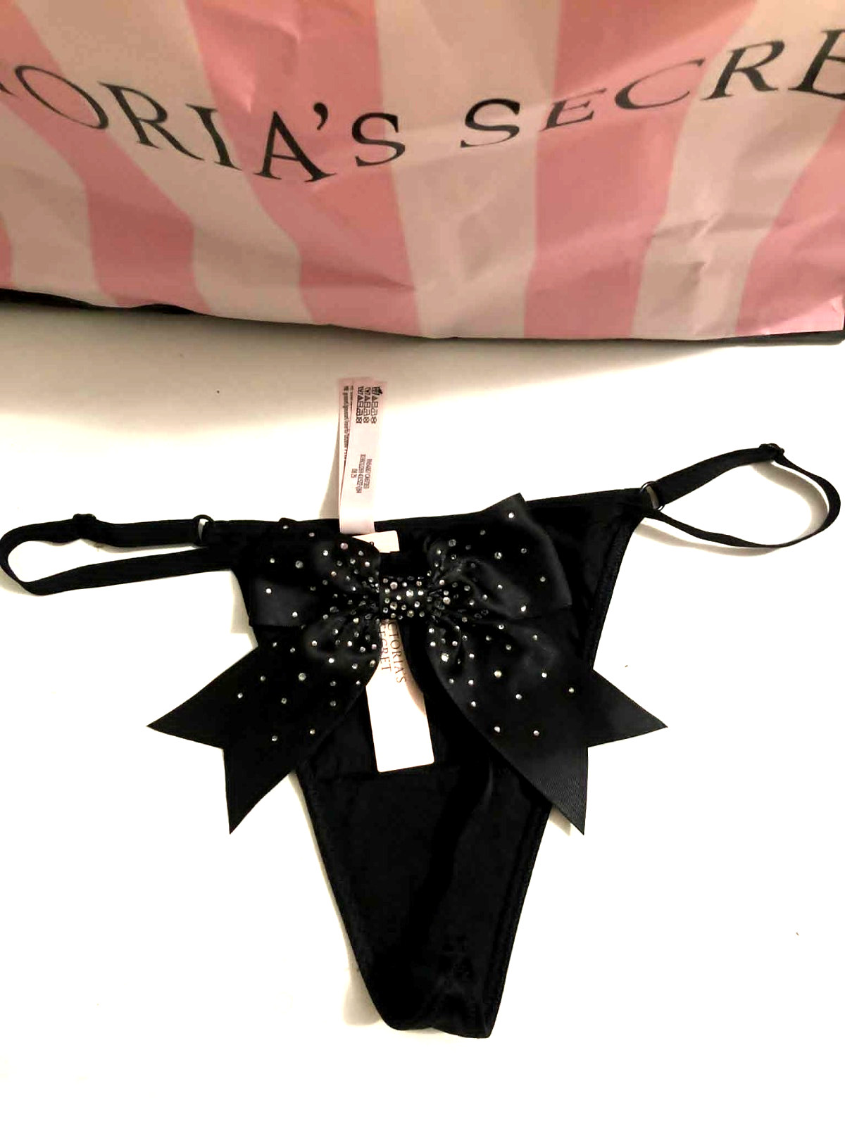 Victoria’s Secret Very Sexy Shine Sparkle Crystal Bow V-string Black Panty NWT
