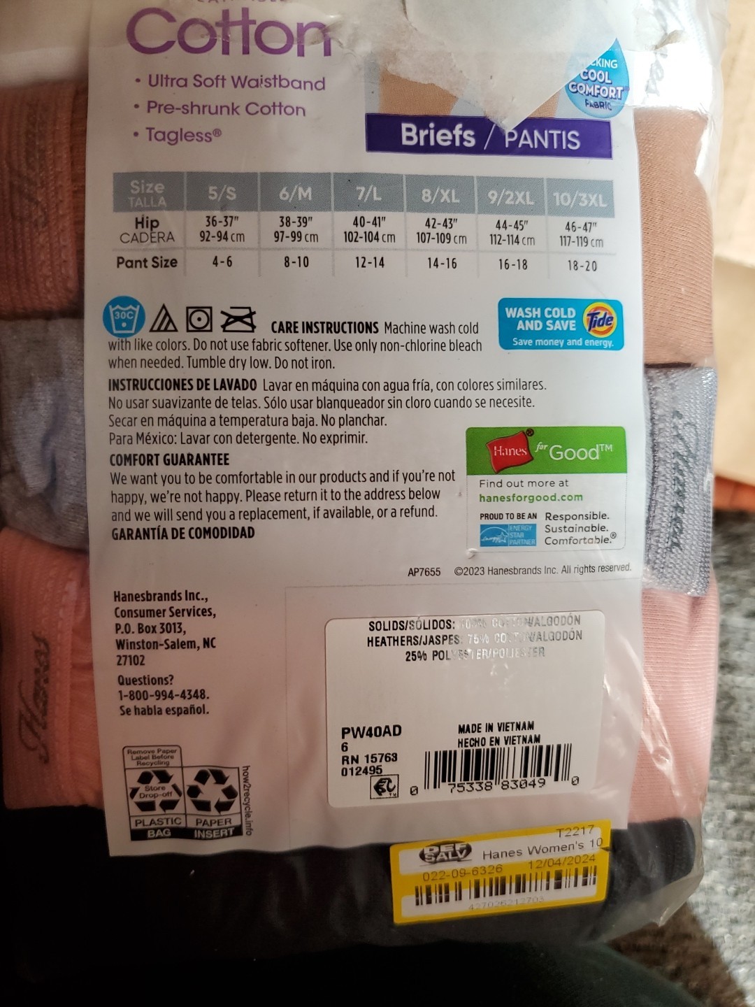 Womens Hanes PW40AD 9-Pack Cotton Tagless Brief Panties Multicolor Size 6/M