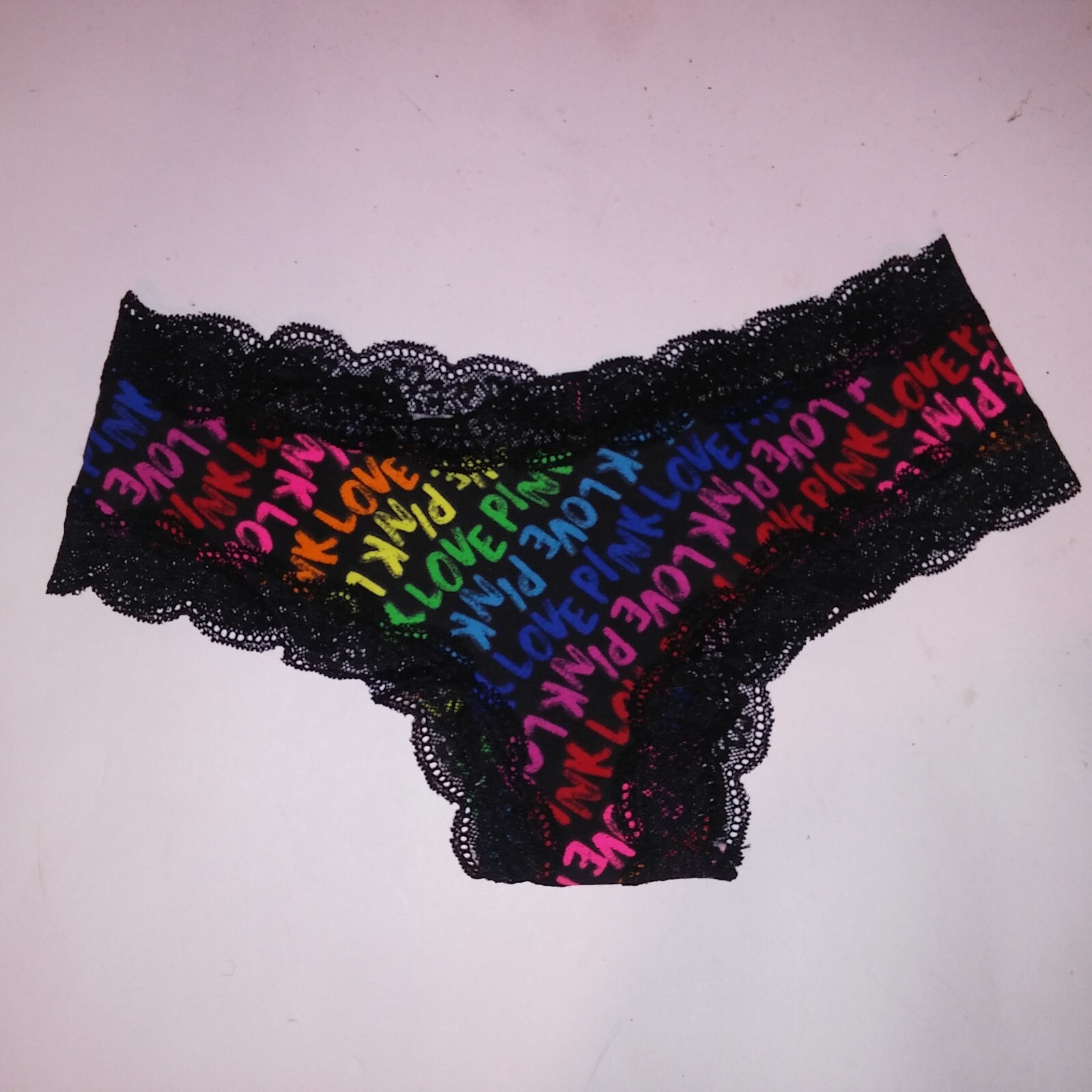 Victoria Secret PINK Panty Cheekster Black Lace Colorful Rainbow Allover Logo