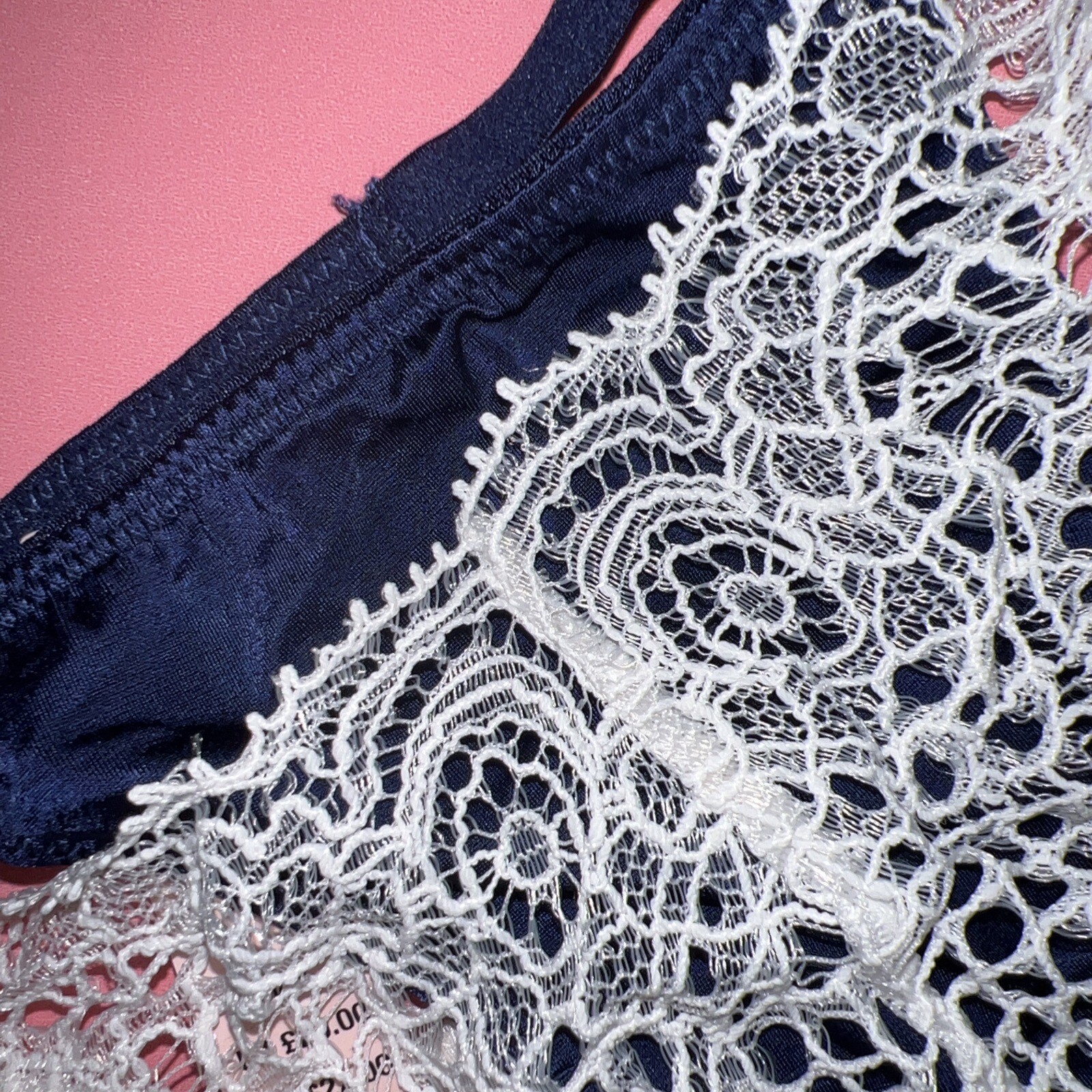 NWT Victoria’s Secret S,M THONG Panty NAVY BLUE WHITE LACE fishnet VERY SEXY