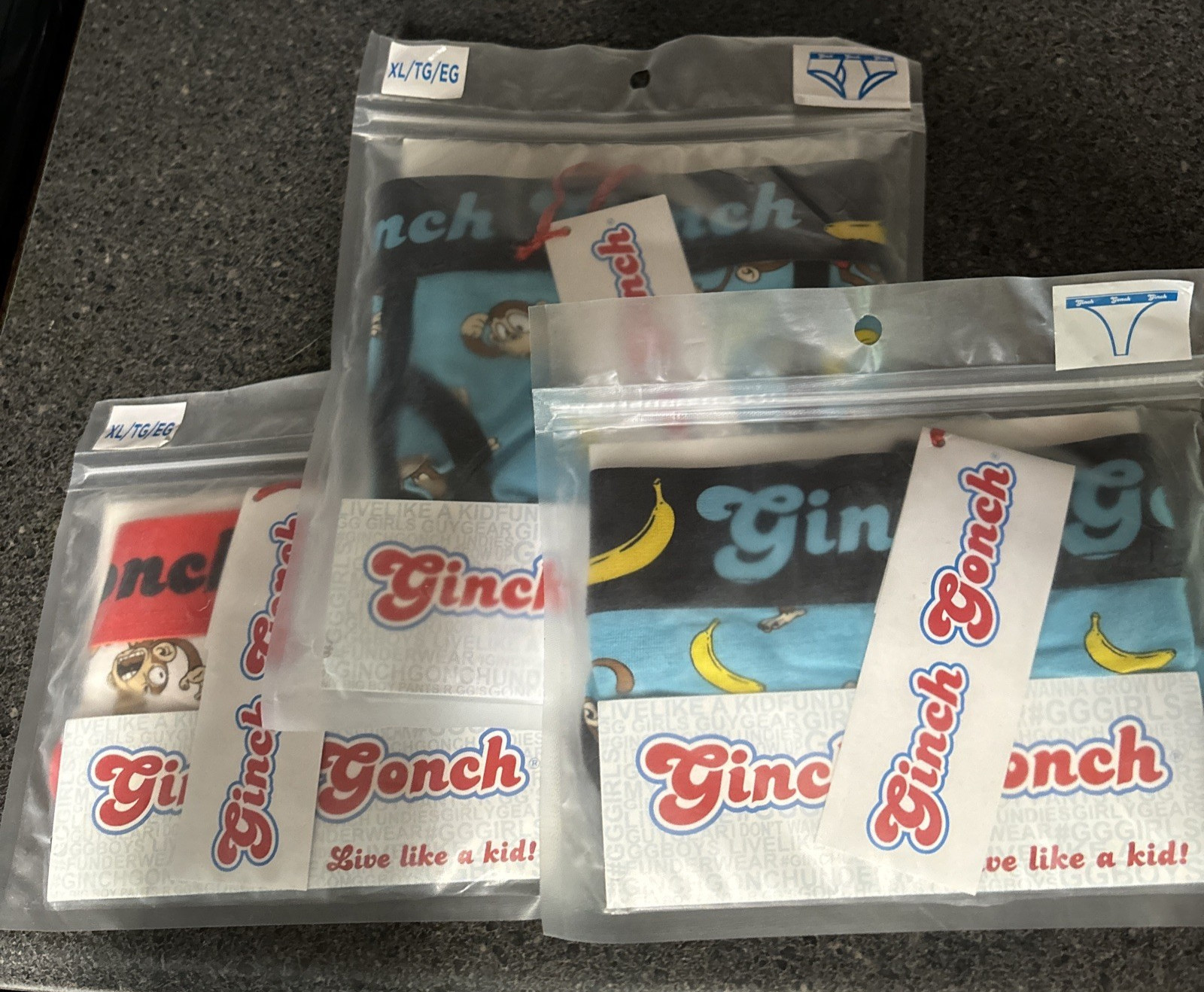 3 PAIRS NEW GINCH GONCH XL 34″-36″ MONKEY BUSINESS GONE BANANAS BOYSHORT THONG