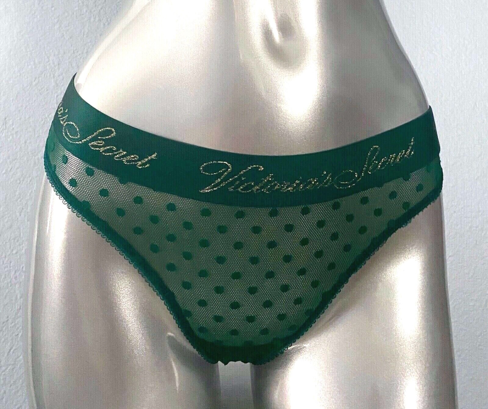 Victoria’s Secret New Dark Garden Green Dot Shimmer Logo Thong Panty Small S