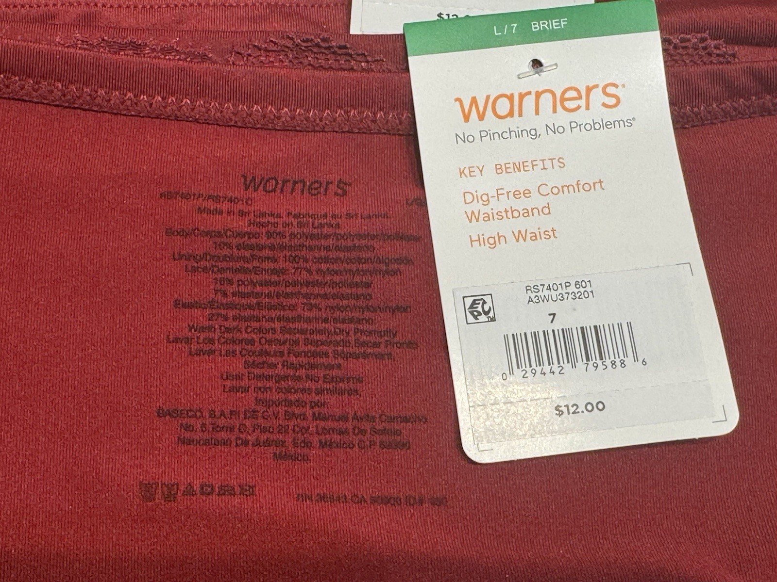 NWT Warners No Pinching, No Problems Brief Panties RS7401P Size L 7 3 Pairs Red