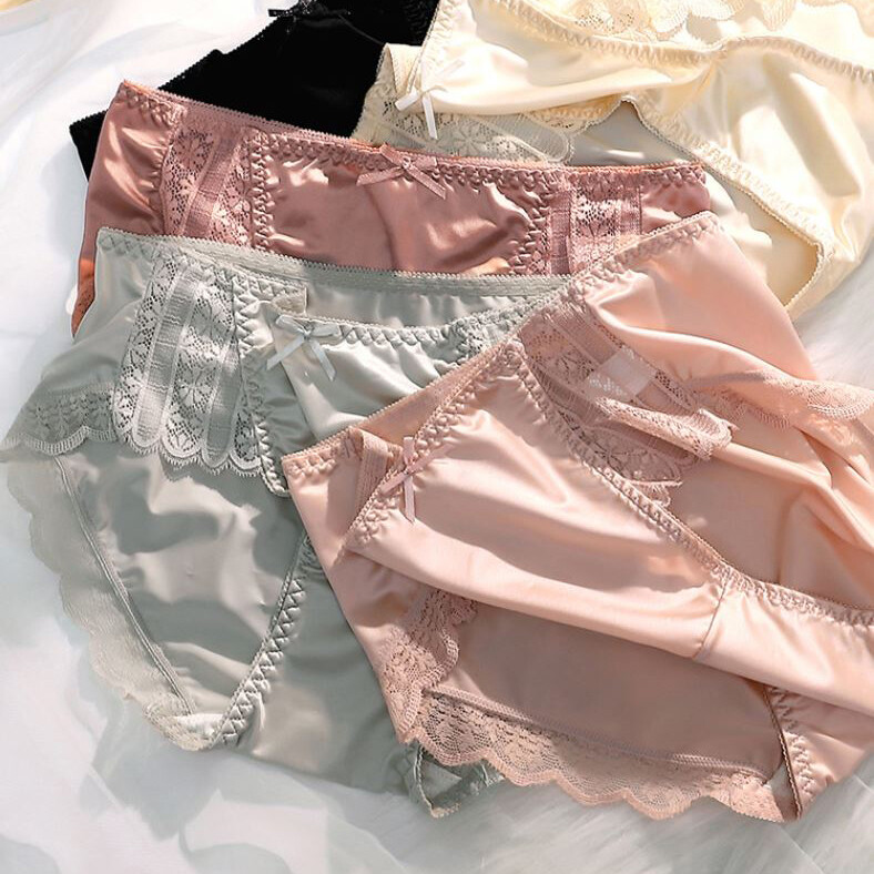 5 Pack Lot Women Satin Panties Sexy Brief Underwear Sheer Lace Vintage Lingeries