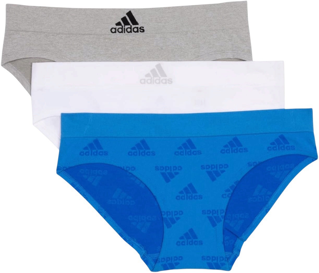ADIDAS Women’s Size XL Hipster 3-Pack Panties Underwear LOGO Blue Gray White