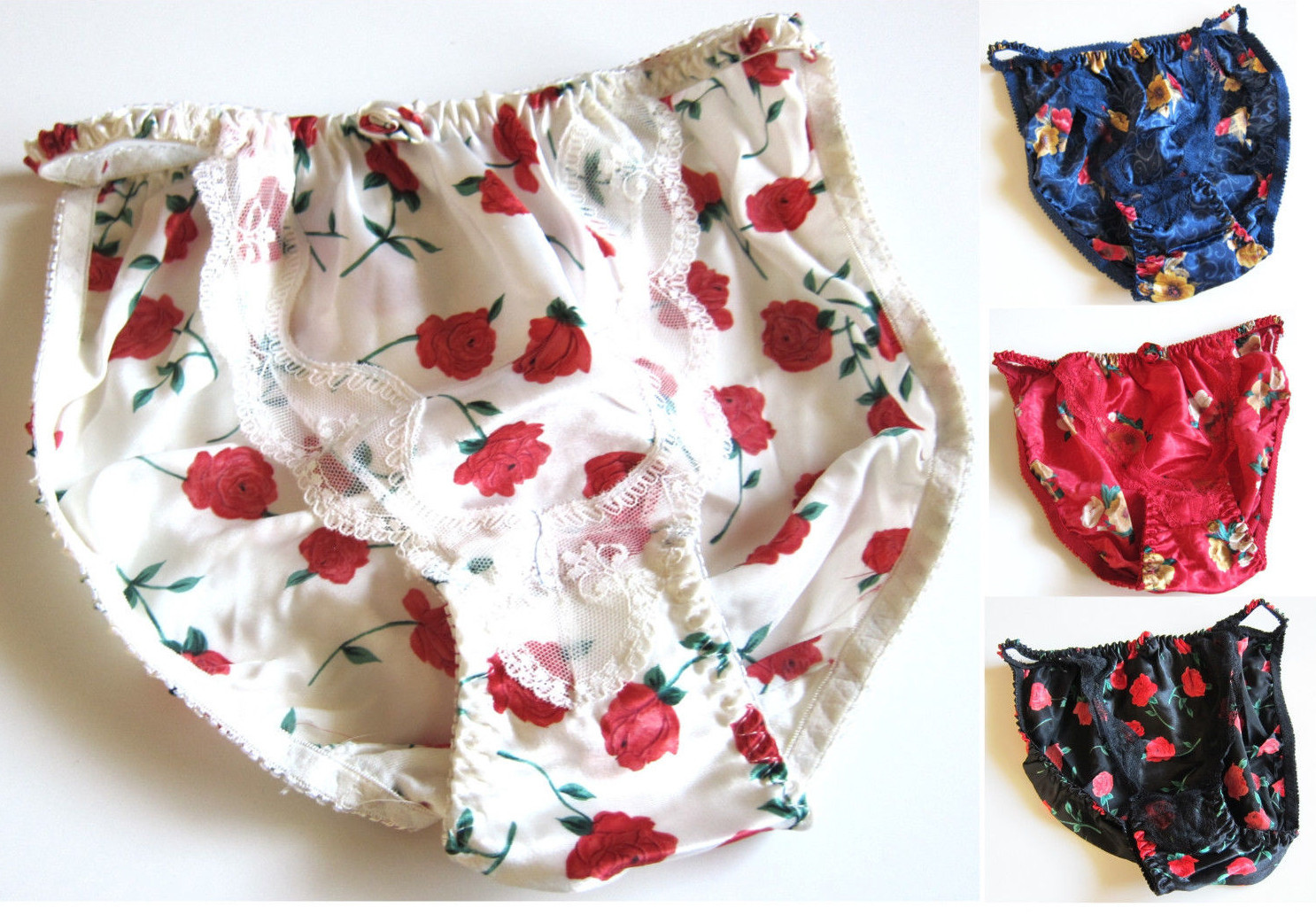 NEW VTG 100% Polyester Satin String Bikini Floral Lace Panties SZ S, M, L