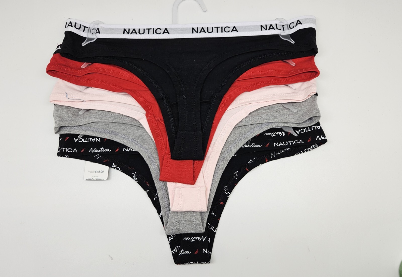 5Pk NAUTICA Women’s S M L XL Cotton Logo Thong Panties Black White Gray Red Pink
