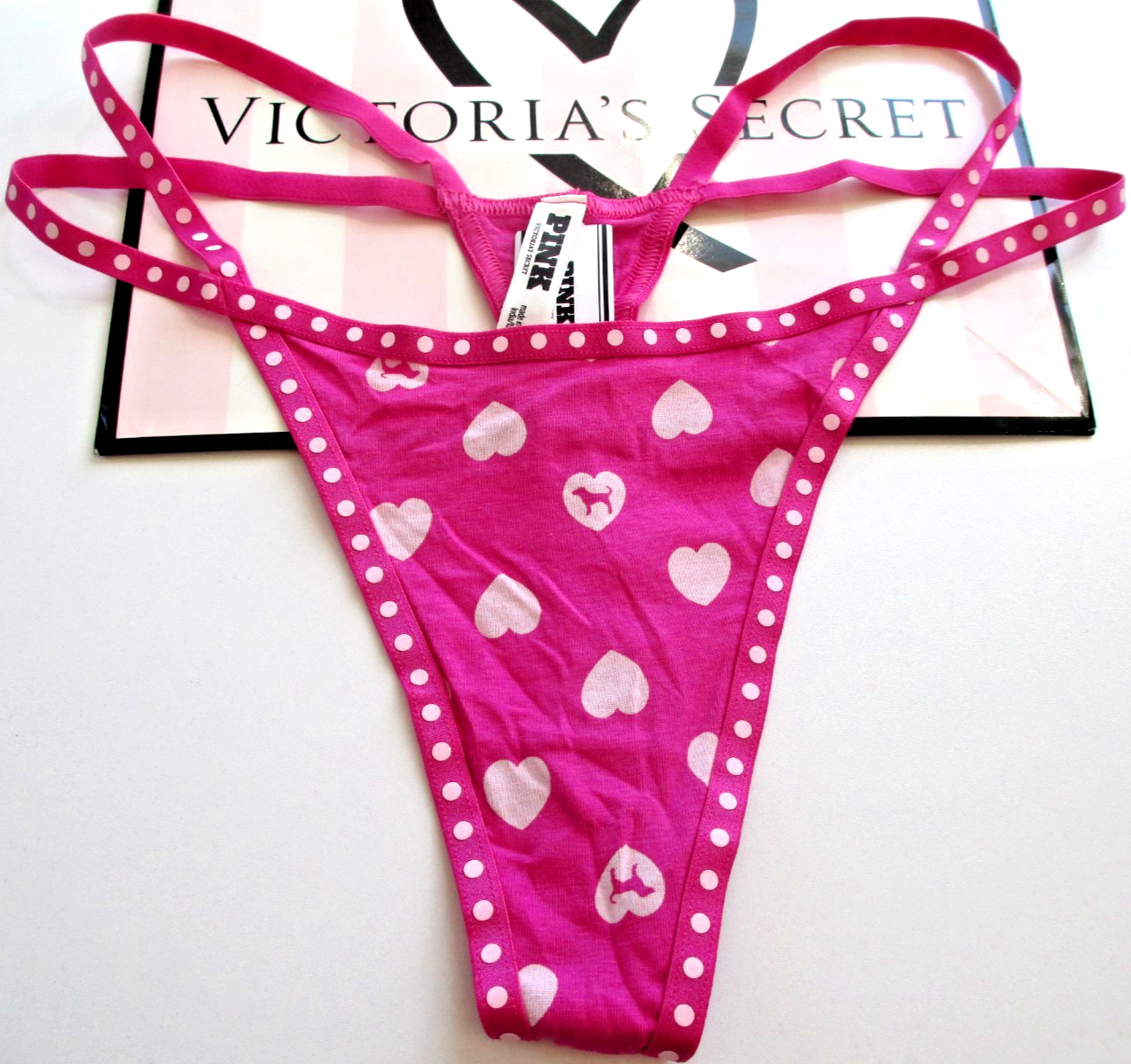 VICTORIA’S SECRET PINK Cotton High Leg Thong Panty S M L XL Pink Polka Dot Heart