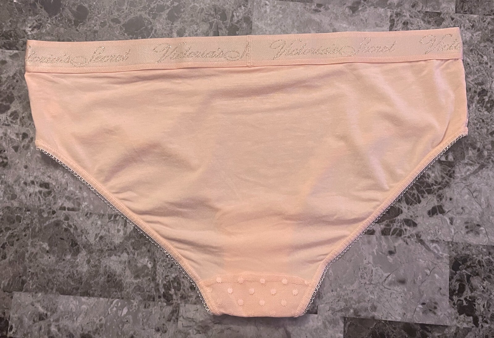 VICTORIA’S SECRET XL PEACH MESH POLKA DOT THICK LOGO BAND RARE HIPHUGGER PANTIES