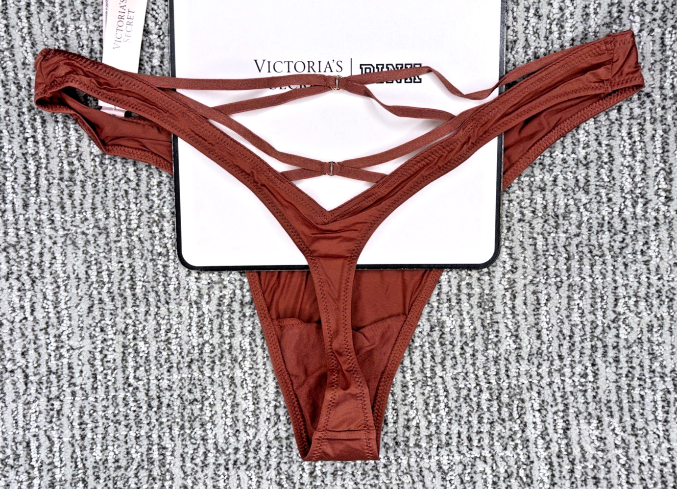 Victorias Secret Very Sexy NWT Large Brown Strappy High Leg Thong Panty Hardware