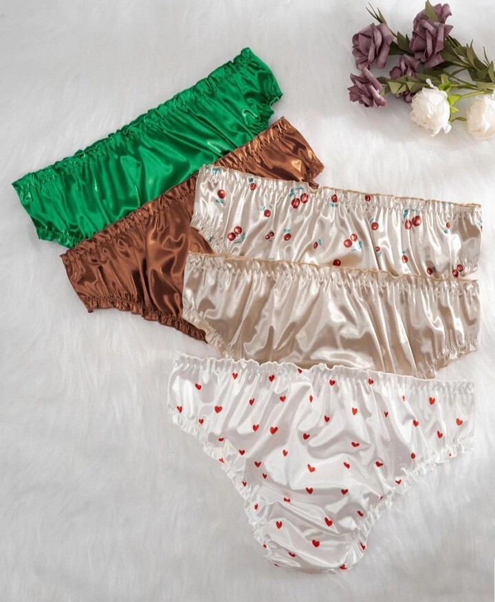 Plus size silky panties satin knickers full bum cover frill trim bow decor