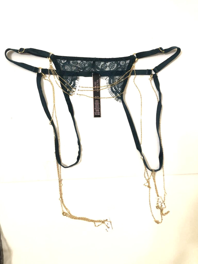 Victoria’s Secret Delicate Chain Crotchless String Cheeky Panty Dark Green NWT