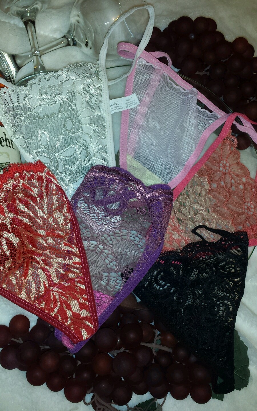 6 Pair Size 7 large Pink, Red Black White Purpl Rose Lace Thong Panties Lot 18