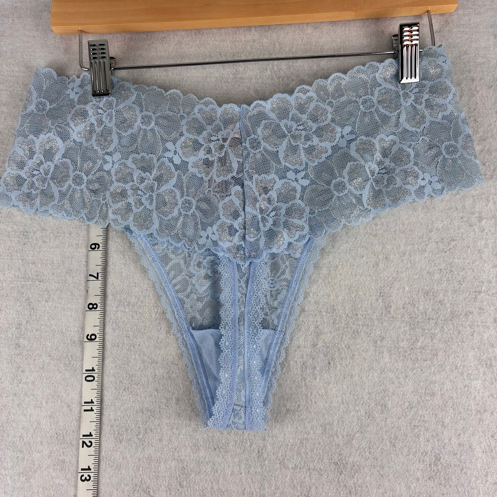 Victorias Secret The Lacie Lace Thong Panty Large Shimmer Sparkle Silver Glitter