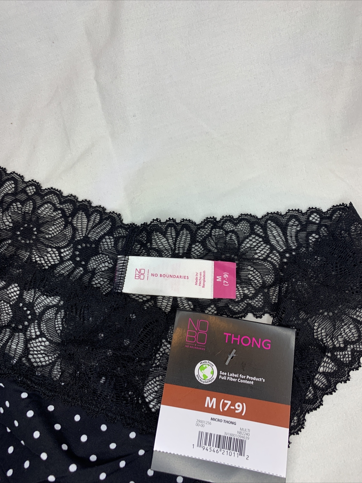 No Boundaries Microfiber & Lace Thong Panties Size M (7-9) Black &White Dots