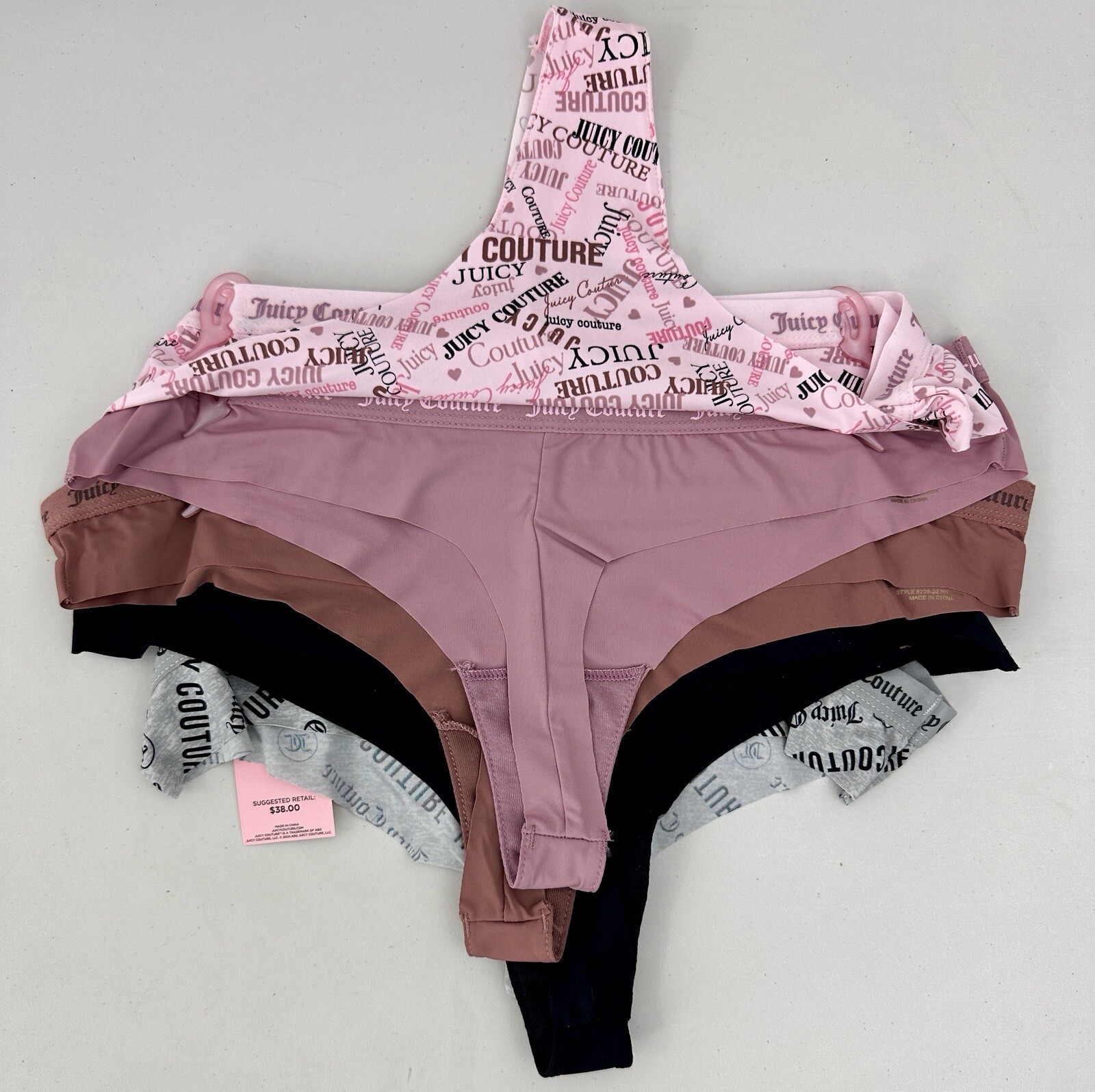Juicy Couture Women’s L 5-Pack Thong Pinks, Grey & Black Logo & Solid Patterns