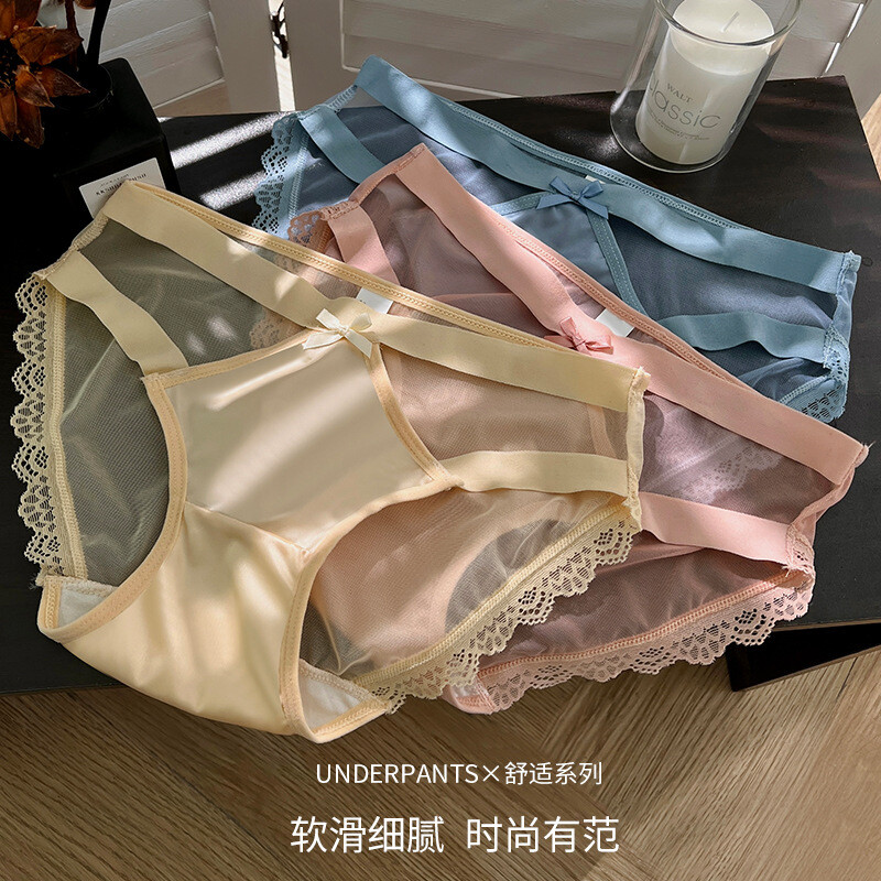 Summer Thin Mesh Lace Edge Hollow Sexy Bow Breathable Girl’s Mid Waist Panties