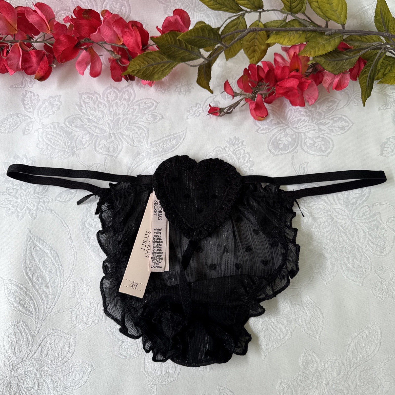 VICTORIA’S SECRET S BLACK HEART V STRING PUCKERED RUFFLE SHIMMER SISSY PANTIES
