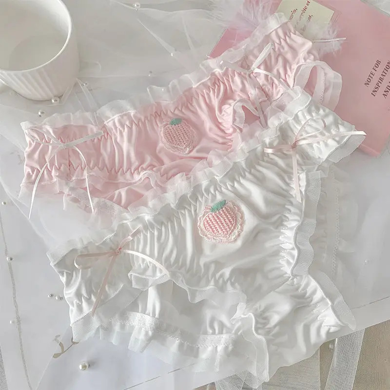 Strawberry Panties Women Satin Sweet Ruffle Briefs Cute Peach Kawaii Underwear