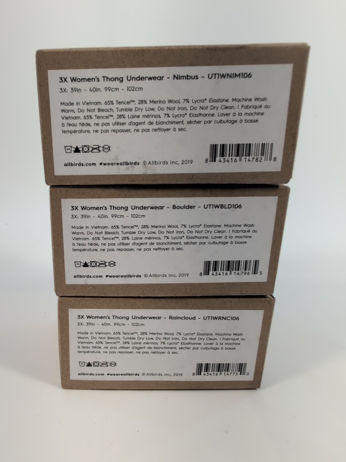 Lot of 3 NEW Allbirds Trino Thong Underwear Nimbus Raincloud Boulder Womens 3X