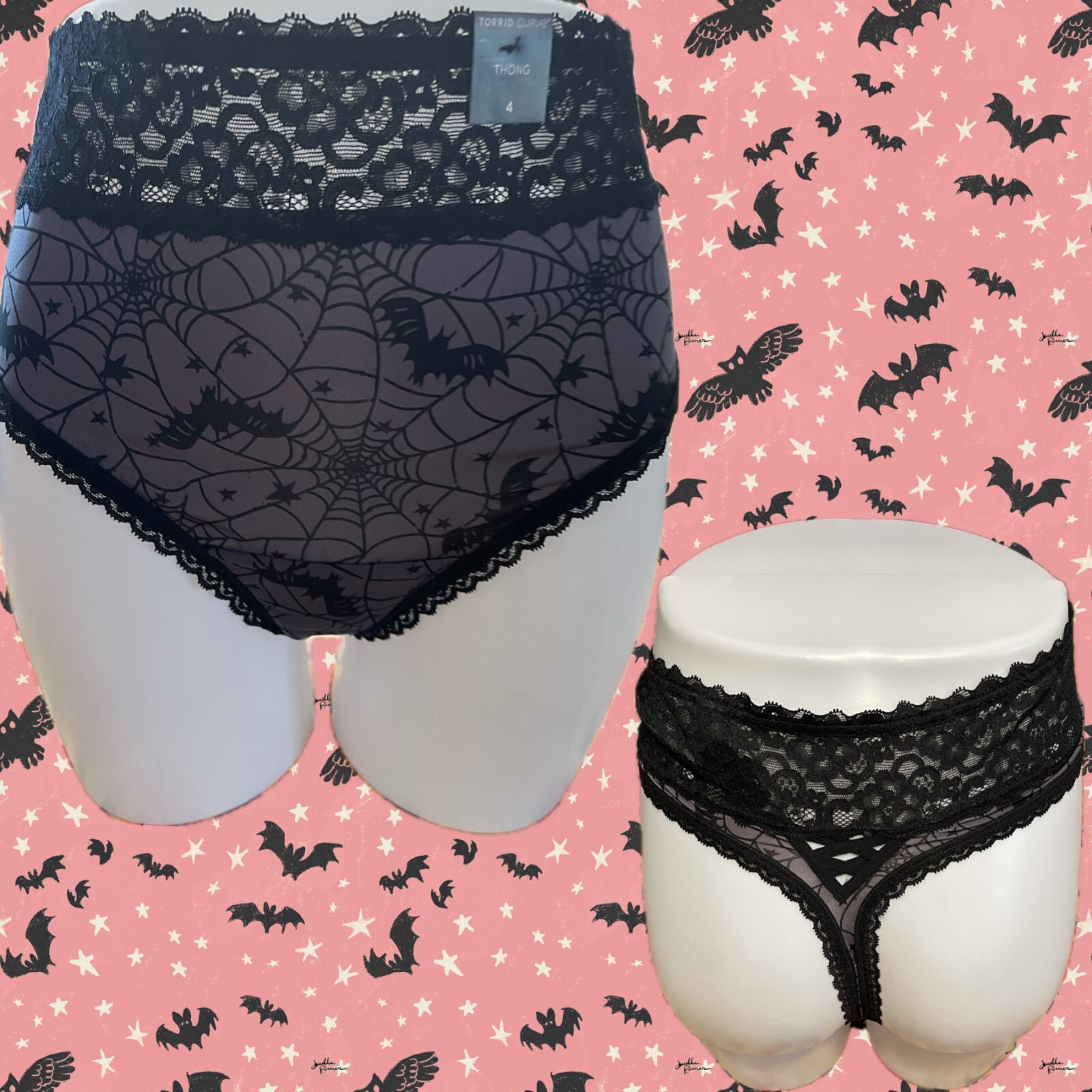 Torrid Plus 6 Black Bats Spider Web Lace Waistband/Trim Mid-Rise Thong Panties