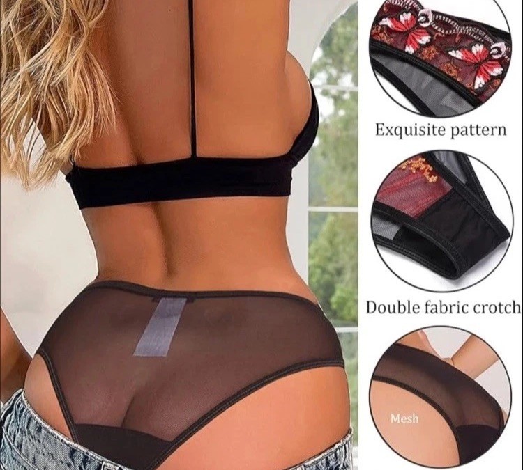 P -:) Butterfly Embroidered Mesh Panties for Women Lace Bikini