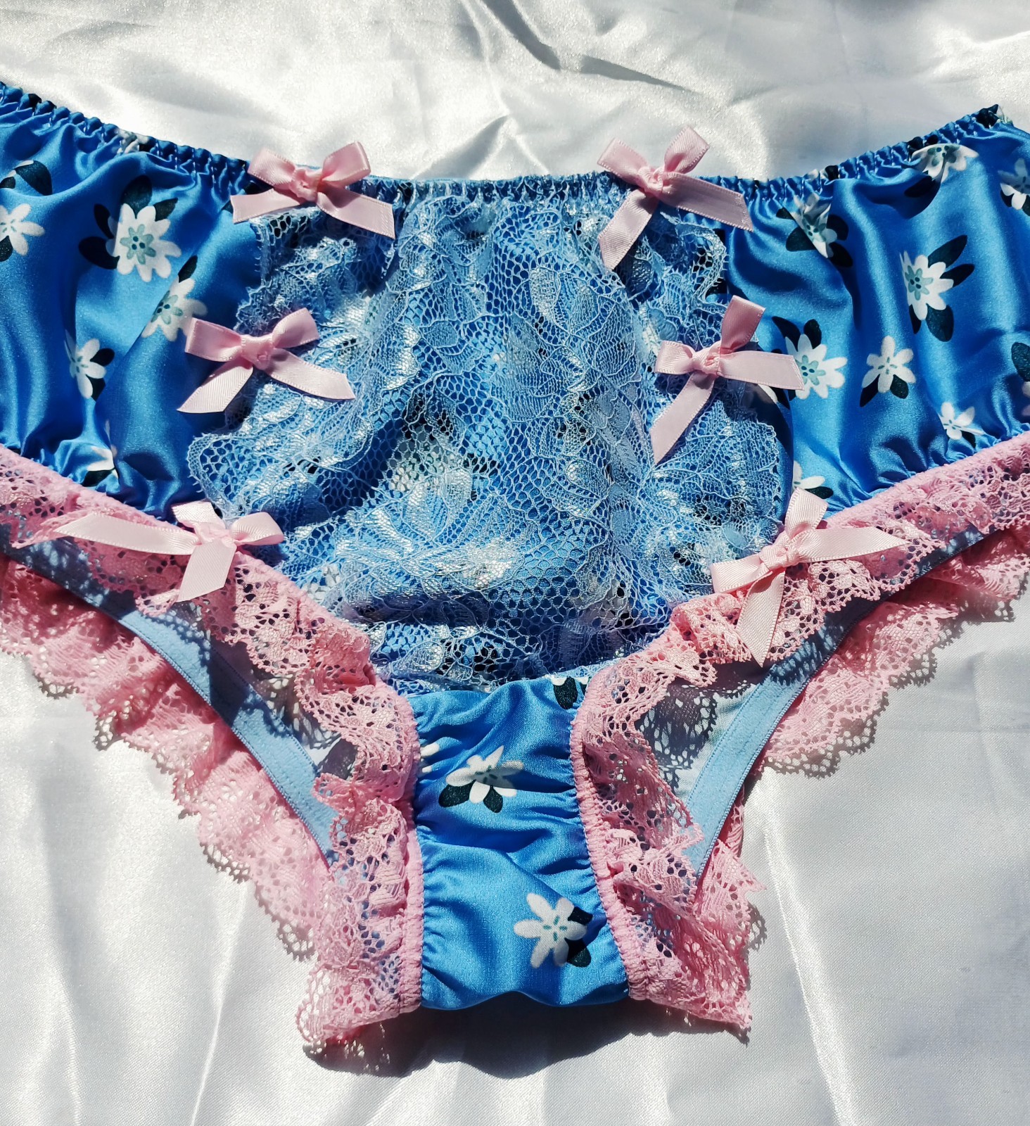Cute Blue Floral Retro Style Silky Satin Hipster Sissy Panties Knickers XL UK 16