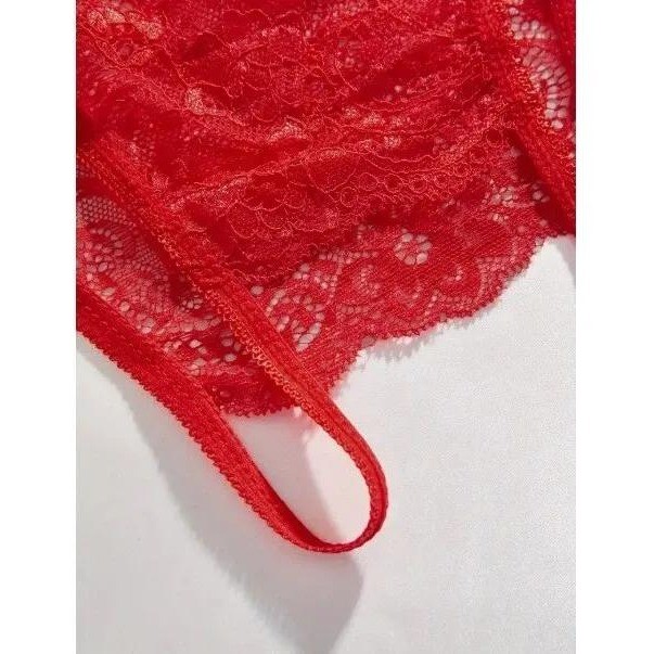 Lace Crotchless Panties Women Medium Red Strappy Mesh Bow Detail