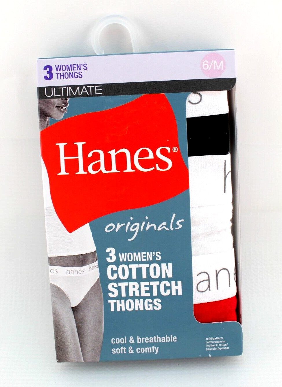 NWB HANES Ultimate Size 6 / M 3-pack Multi Colors 95% Cotton Women Thong Panties
