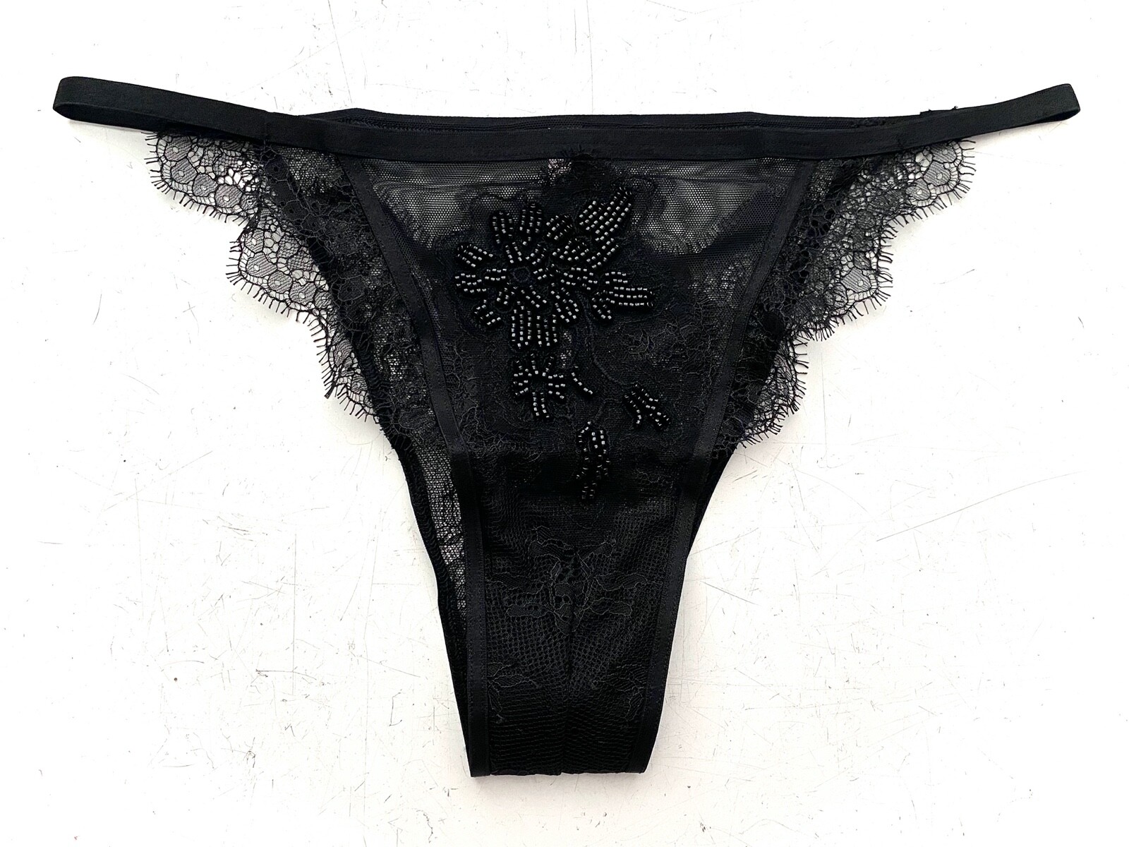 Victoria’s Secret Itsy Panty Black Eyelash Lace Dream Angels Beaded L XL
